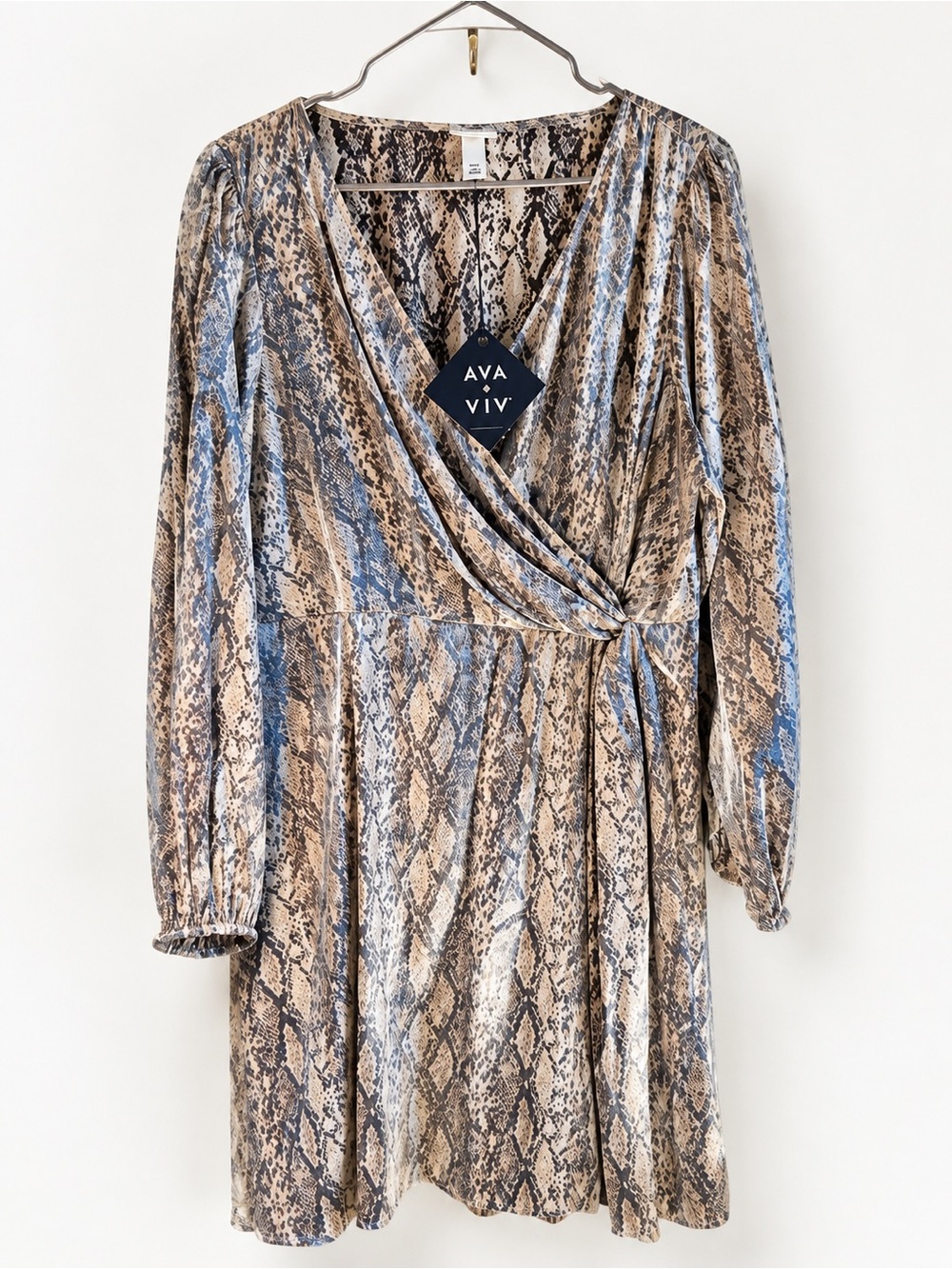 Ava & Viv Blue and Brown Snake Print Wrap Dress